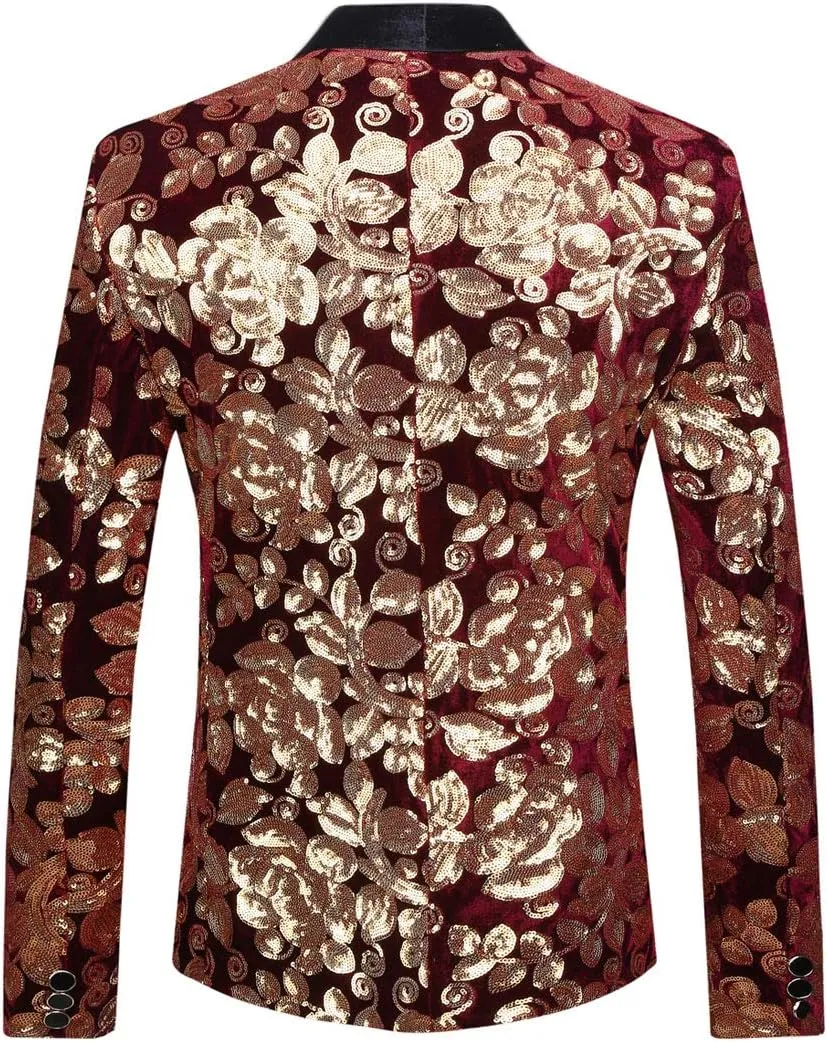 Men Fashion Velvet Sequins Floral Pattern Suit Jacket Blazer