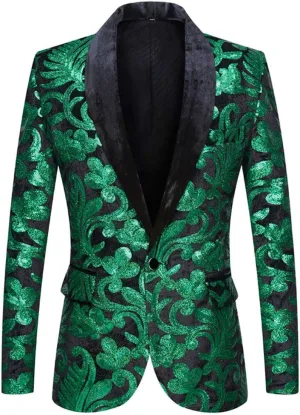 Men Fashion Velvet Sequins Floral Pattern Suit Jacket Blazer