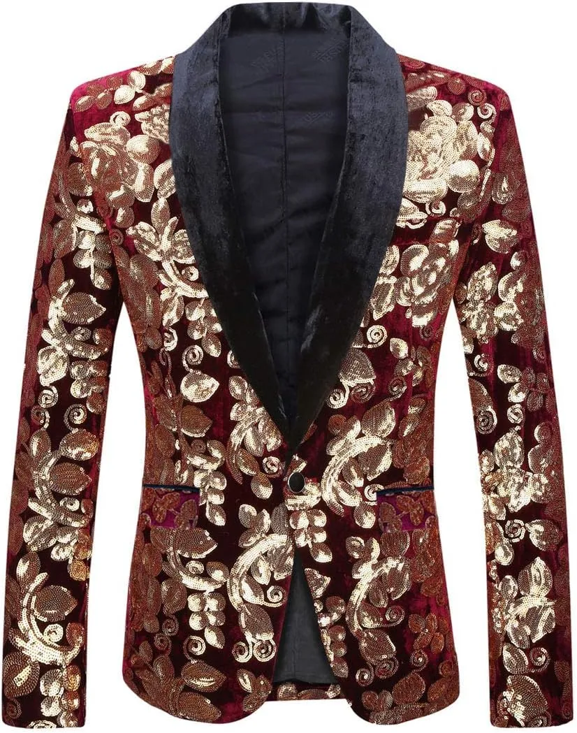Men Fashion Velvet Sequins Floral Pattern Suit Jacket Blazer