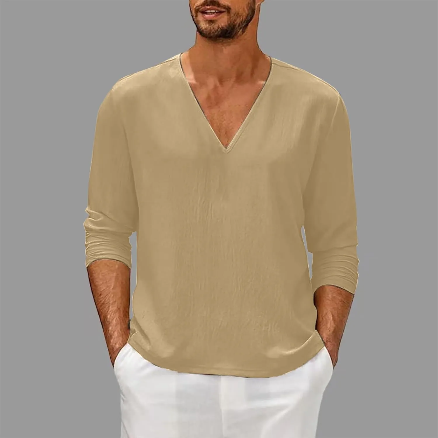 Men Linen Shirts Long Sleeve V Neck Cotton Comfy Spring Tees Shirt Solid Color Loose Fashion Sport 2025 Blouses Tops