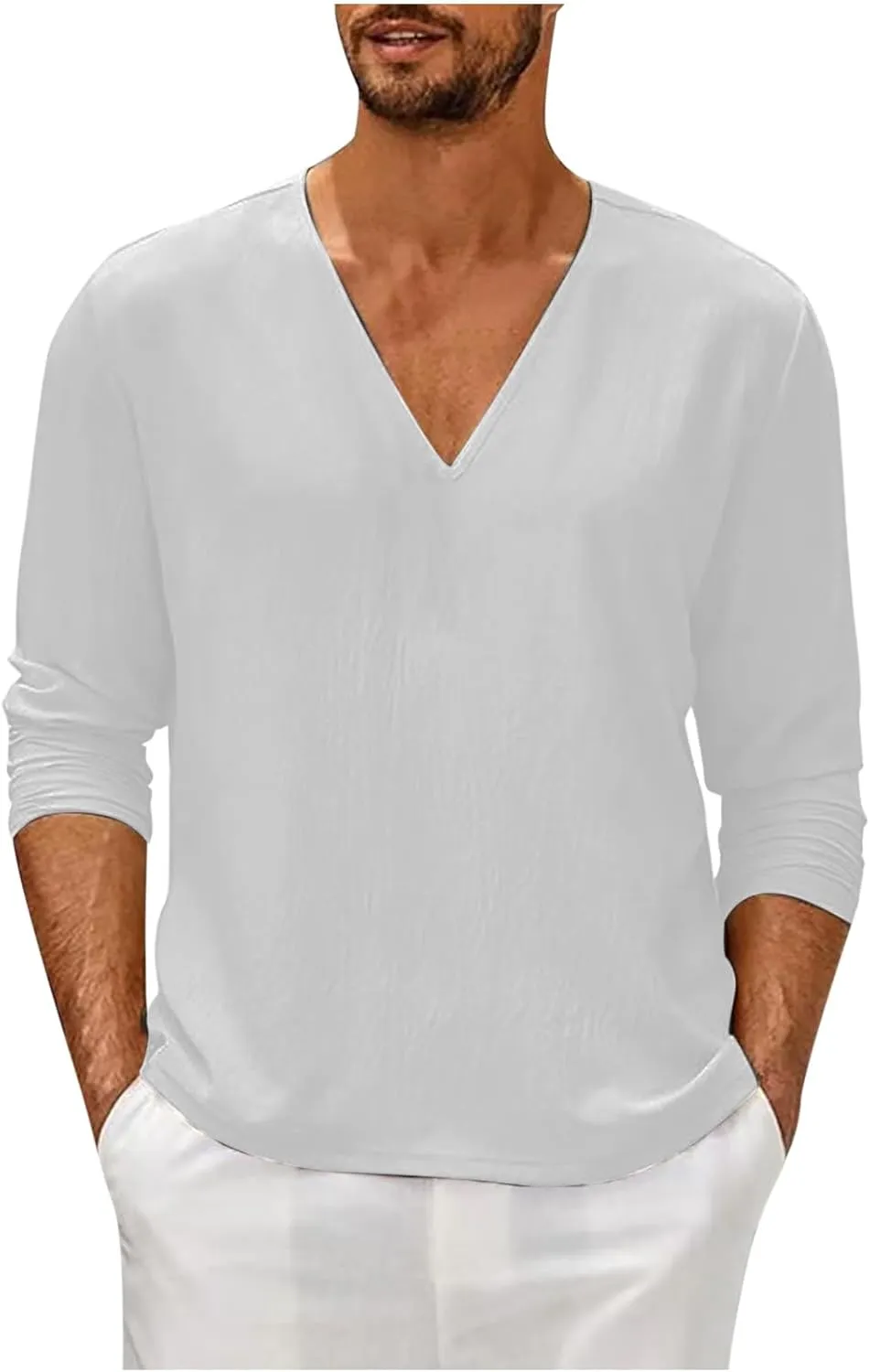 Men Linen Shirts Long Sleeve V Neck Cotton Comfy Spring Tees Shirt Solid Color Loose Fashion Sport 2025 Blouses Tops