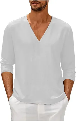 Men Linen Shirts Long Sleeve V Neck Cotton Comfy Spring Tees Shirt Solid Color Loose Fashion Sport 2025 Blouses Tops