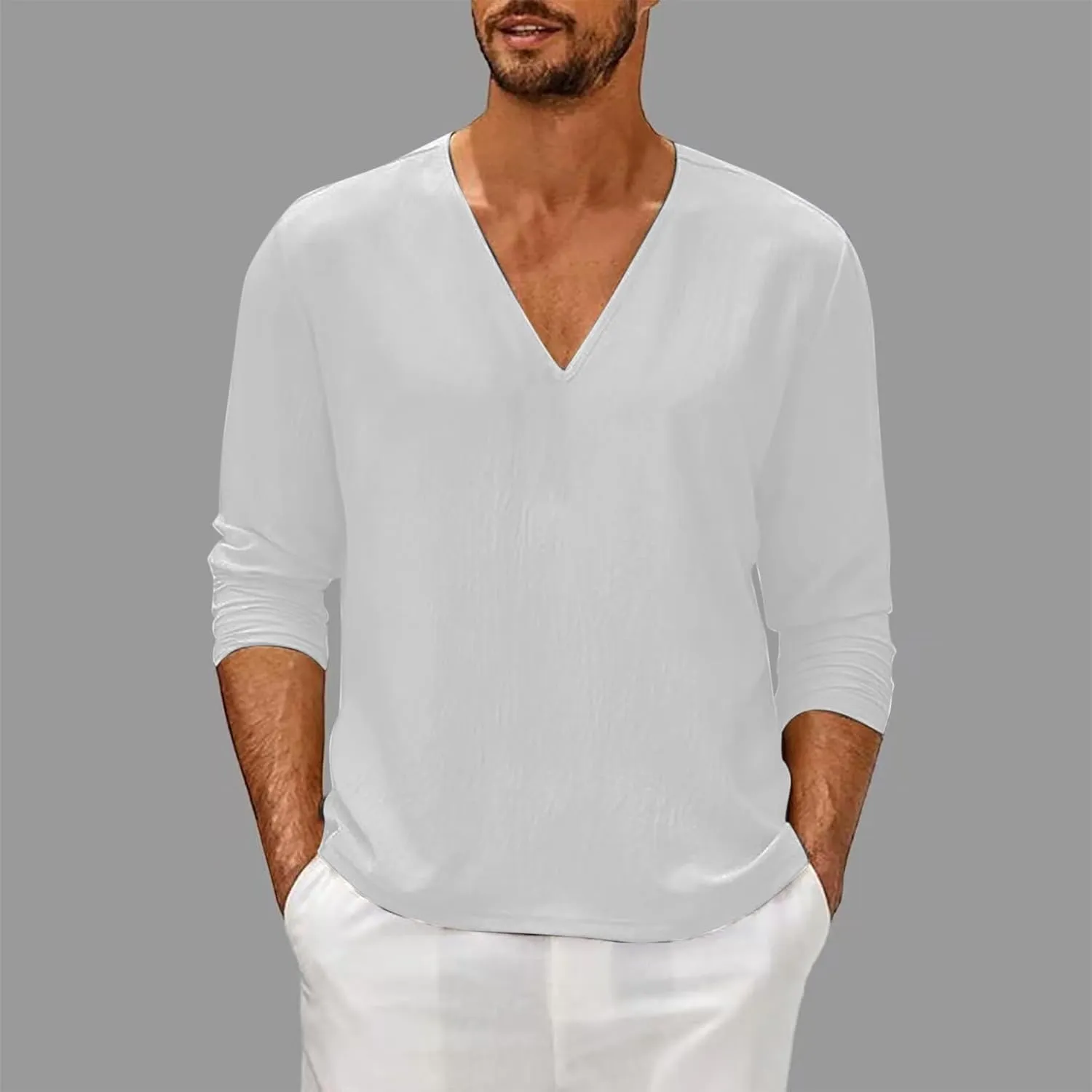 Men Linen Shirts Long Sleeve V Neck Cotton Comfy Spring Tees Shirt Solid Color Loose Fashion Sport 2025 Blouses Tops