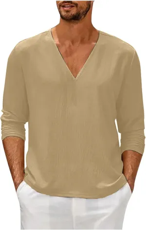 Men Linen Shirts Long Sleeve V Neck Cotton Comfy Spring Tees Shirt Solid Color Loose Fashion Sport 2025 Blouses Tops