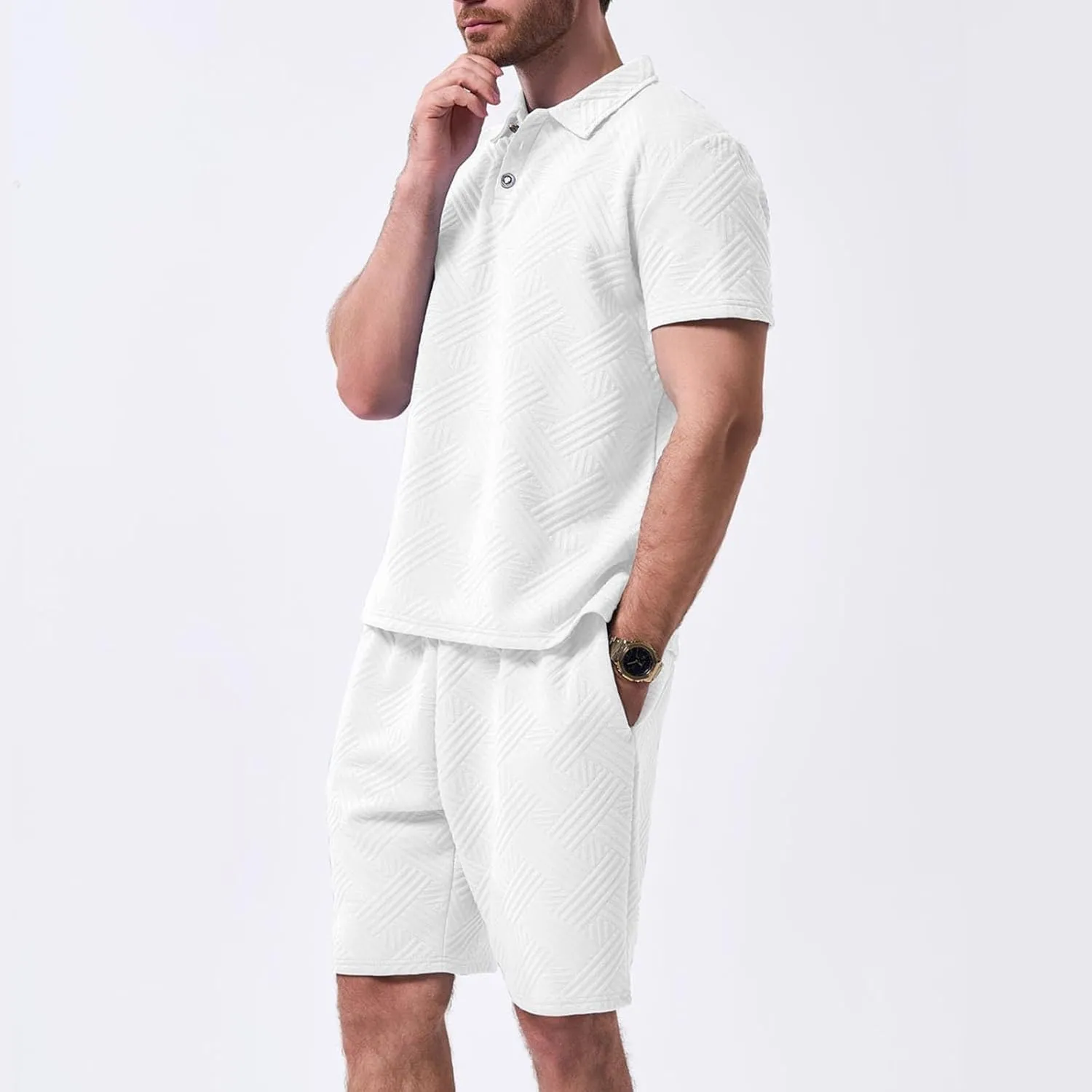 Men Summer Casual Short Sets Solid Color Short Sleeve Pocket Button Down Shirt Elastic Shorts 2 Piece Outfits Tracksuit