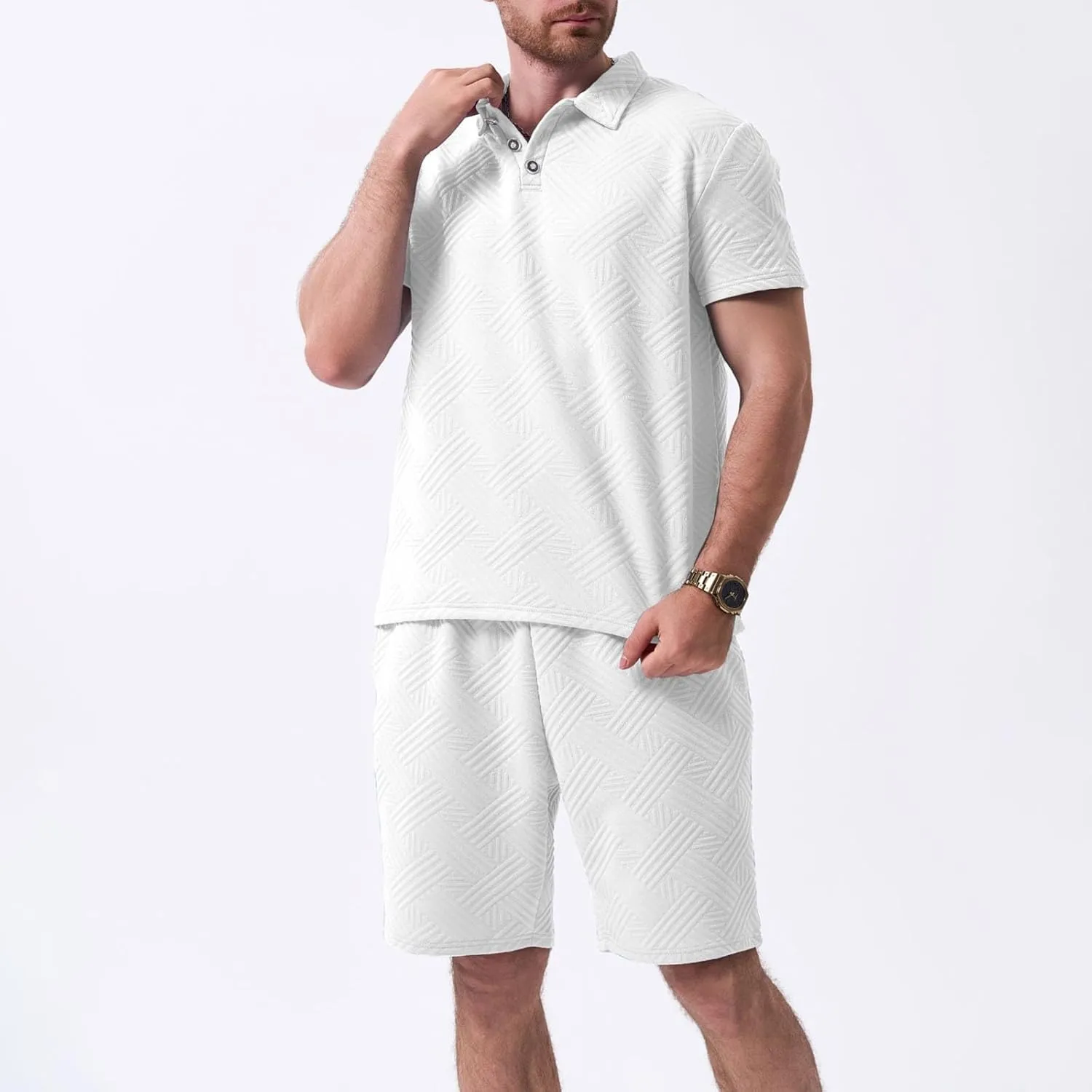 Men Summer Casual Short Sets Solid Color Short Sleeve Pocket Button Down Shirt Elastic Shorts 2 Piece Outfits Tracksuit