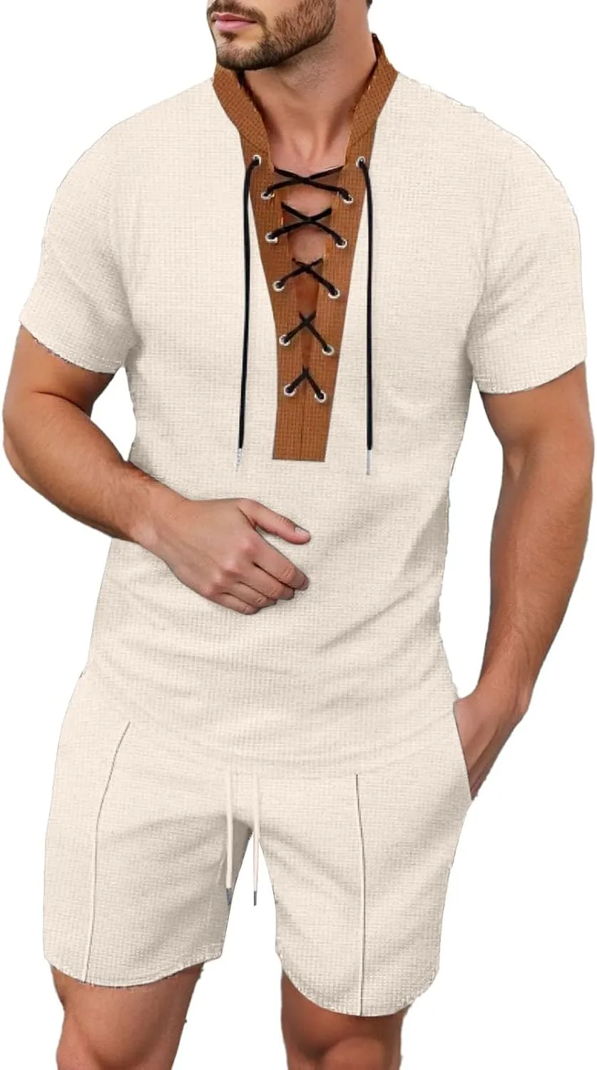 Men's 2 Piece Casual Summer Beach Drawstring Shirt Short Sleeve Solid Color Comfy Shirts and Shorts Yoga Outfits Sets