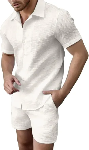 Men's 2 Piece Short Sets Summer Outfits Short Sleeve Solid Color Breathable Polo Shirt & Shorts Set Casual Beach Outfits