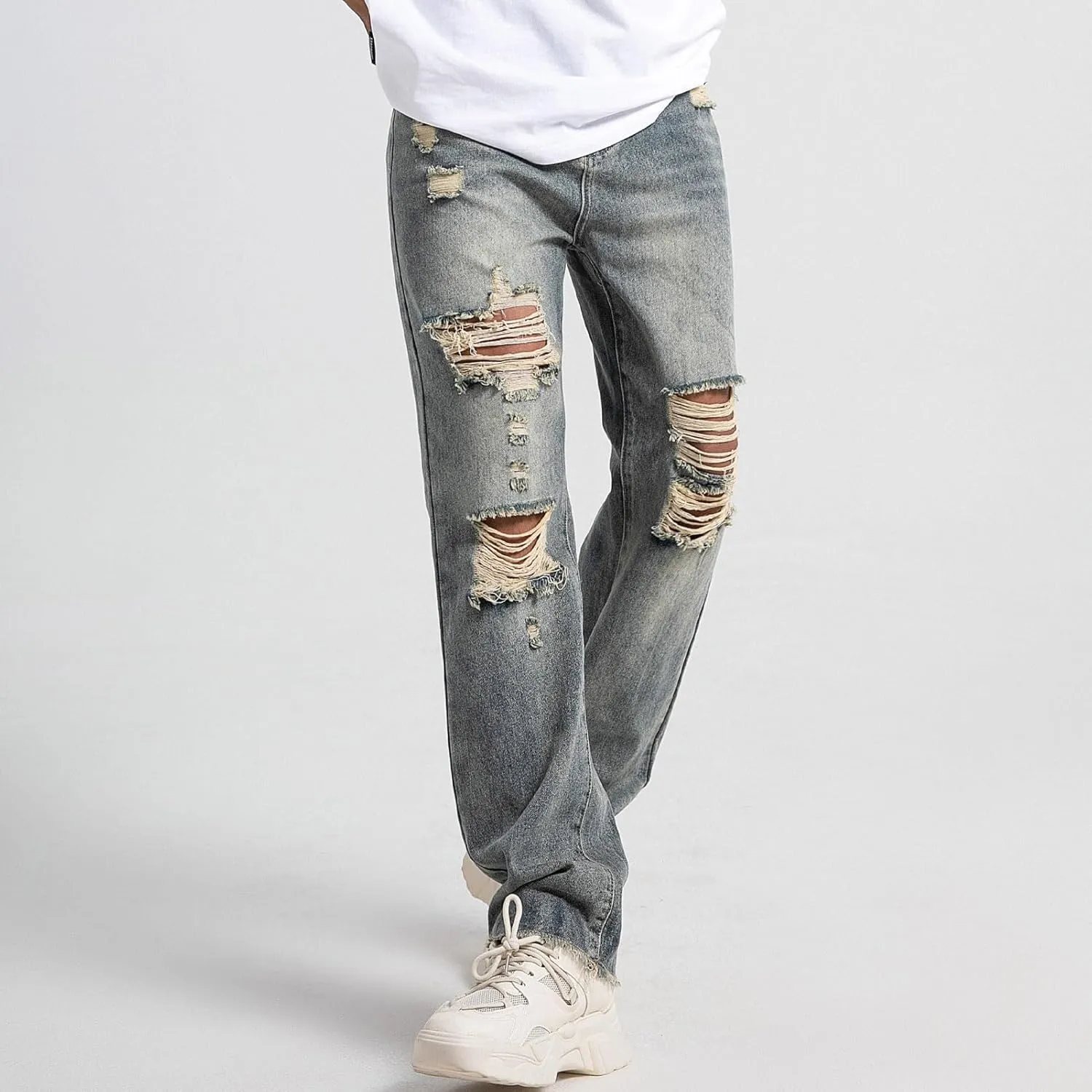Mens Baggy Jeans Vintage Ripped Denim Pants Y2K Distressed Wide Leg Jeans Streetwear