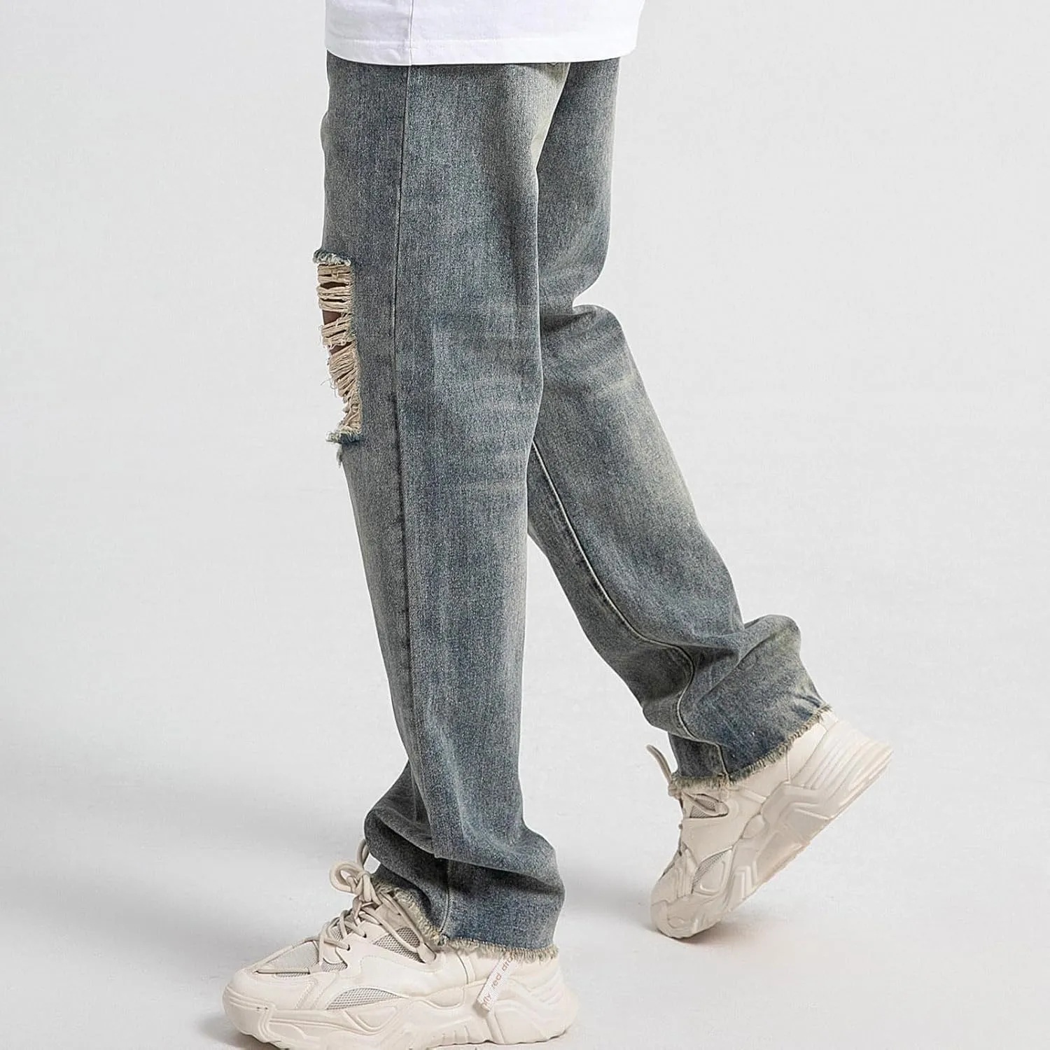 Mens Baggy Jeans Vintage Ripped Denim Pants Y2K Distressed Wide Leg Jeans Streetwear