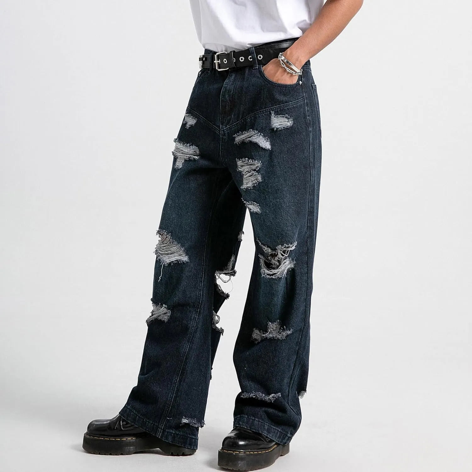 Mens Baggy Jeans Vintage Ripped Denim Pants Y2K Distressed Wide Leg Jeans Streetwear