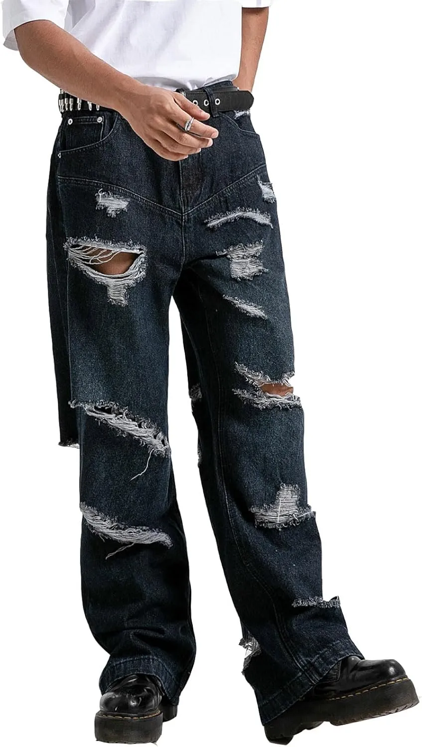 Mens Baggy Jeans Vintage Ripped Denim Pants Y2K Distressed Wide Leg Jeans Streetwear