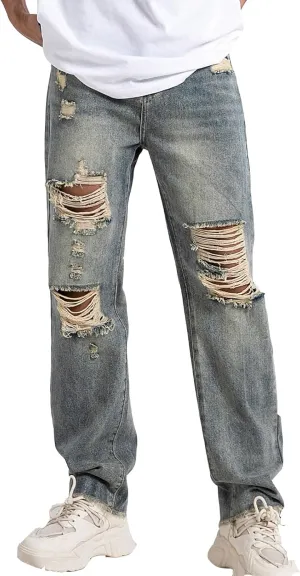 Mens Baggy Jeans Vintage Ripped Denim Pants Y2K Distressed Wide Leg Jeans Streetwear
