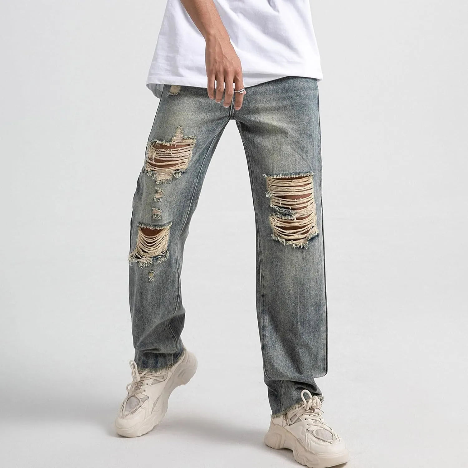 Mens Baggy Jeans Vintage Ripped Denim Pants Y2K Distressed Wide Leg Jeans Streetwear