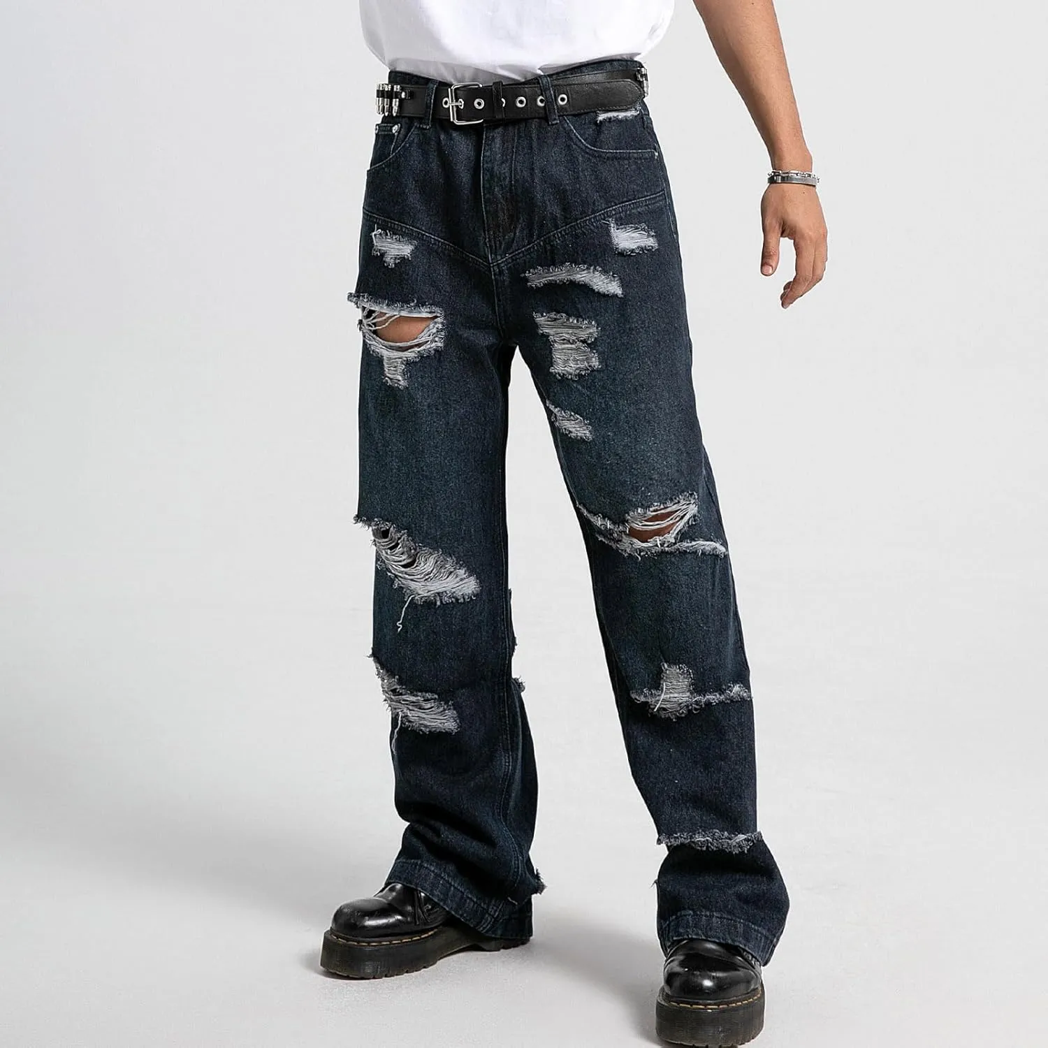Mens Baggy Jeans Vintage Ripped Denim Pants Y2K Distressed Wide Leg Jeans Streetwear