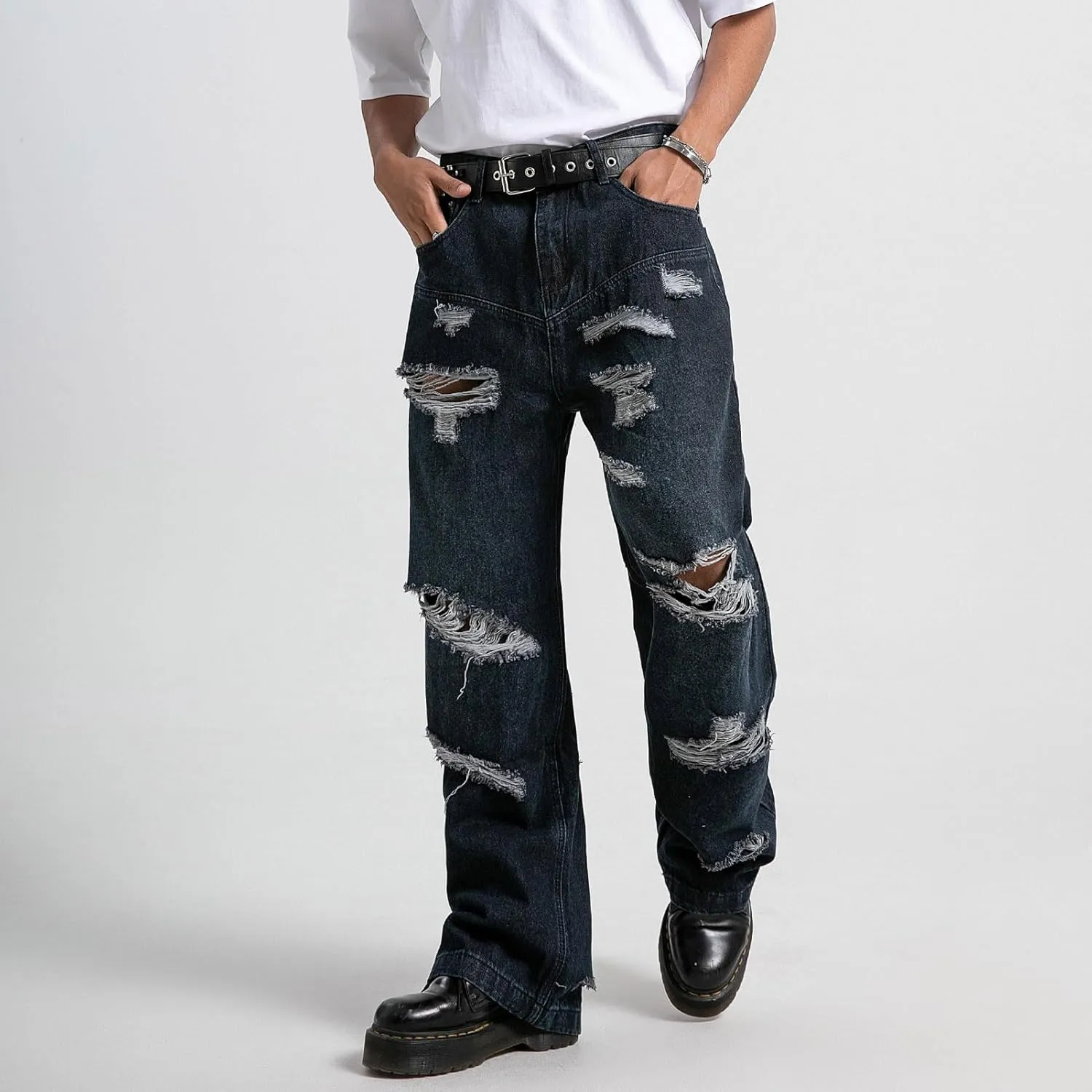 Mens Baggy Jeans Vintage Ripped Denim Pants Y2K Distressed Wide Leg Jeans Streetwear