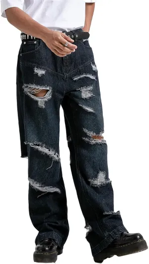 Mens Baggy Jeans Vintage Ripped Denim Pants Y2K Distressed Wide Leg Jeans Streetwear