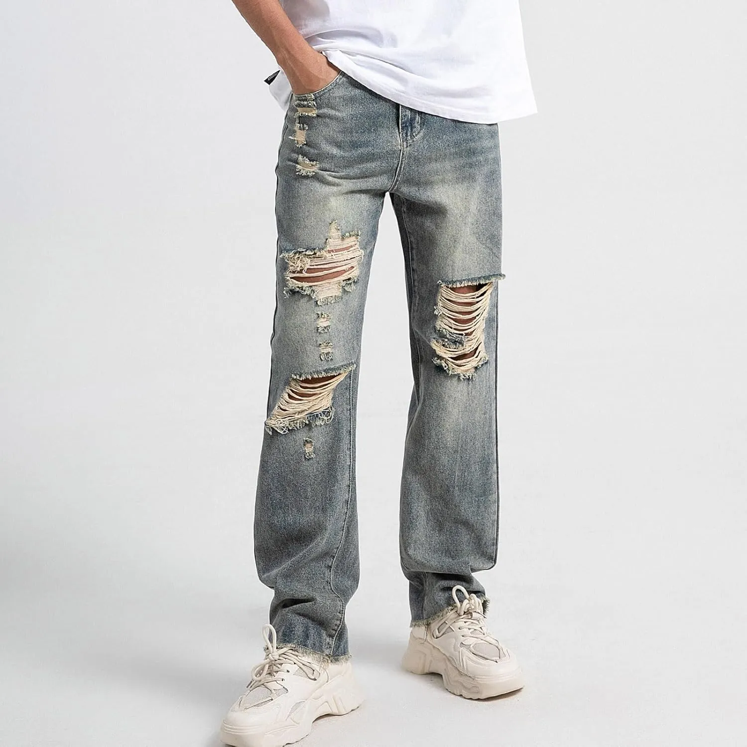 Mens Baggy Jeans Vintage Ripped Denim Pants Y2K Distressed Wide Leg Jeans Streetwear
