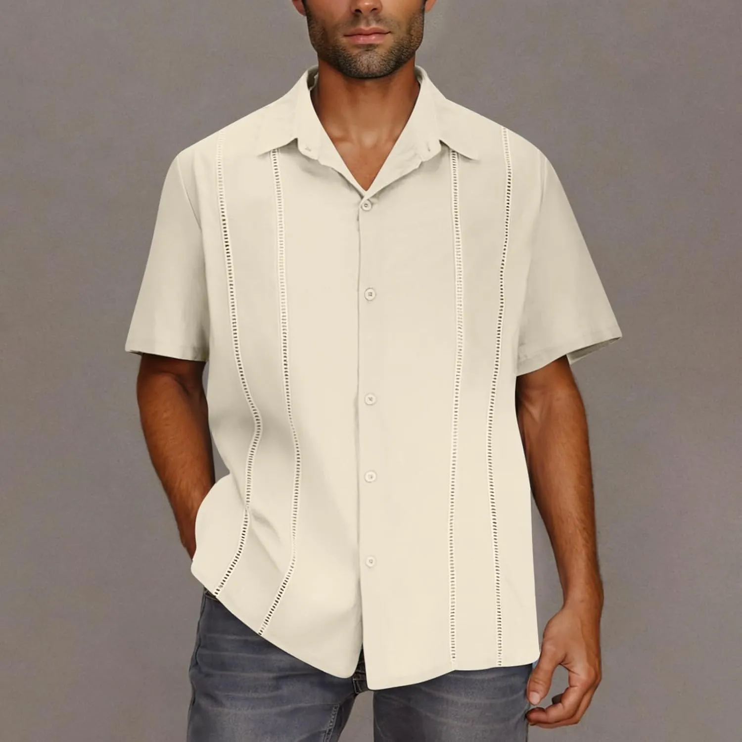 Men's Beach Hippie T-Shirts Summer Fashion Solid Color Lapel Short Sleeve Tops Plus Size Loose Fit Vacation Blouse