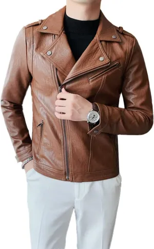 Men’s Brown Moto Biker Genuine Sheepskin Lapel Collar Asymmetric Rider Motorcycle Fashion Leather Jacket