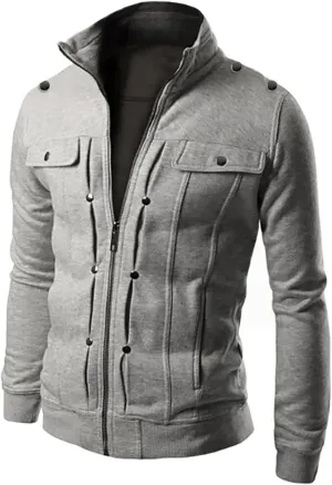 Men's Button Fly Zipper Hoodie Fashion Stand Collar Lightweight Long Sleeve SweatShirt Slim Fit Jackets with Pocket