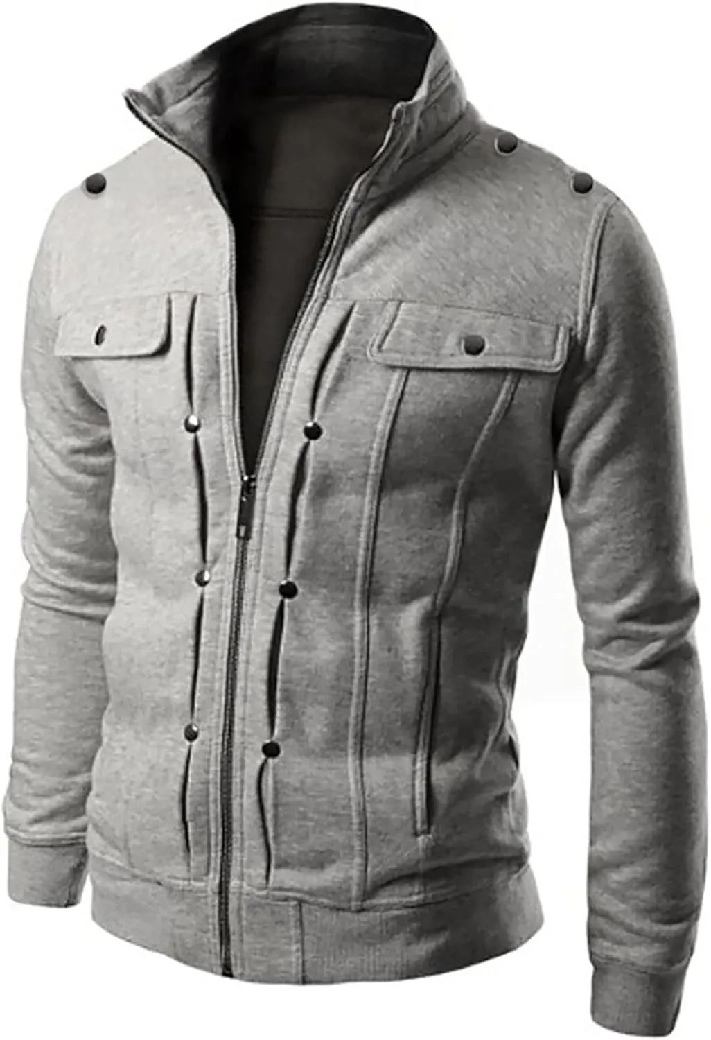 Men's Button Fly Zipper Hoodie Fashion Stand Collar Lightweight Long Sleeve SweatShirt Slim Fit Jackets with Pocket