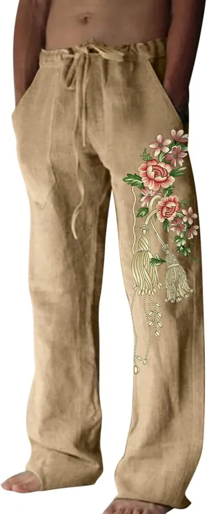 Mens Casual Linen Pants Loose Fit Flower Print Elastic Drawstring Waist Straight-Legs Summer Yoga Beach Long Pants