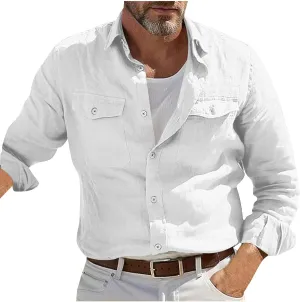 Mens Casual Solid Color Long Sleeve Shirts Cotton Linen Lapel Shirt with Pockets Casual Lightweight Button Down Tops