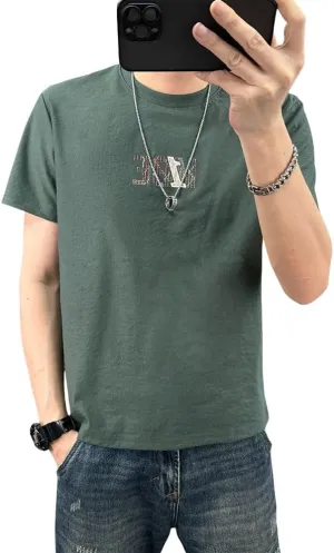 Men's Cotton-Linen Blend Fabric Crew Neck Solid Color Artistic Print T-Shirt Urban Summer Wardrobe Essential Short Sleeve Tee