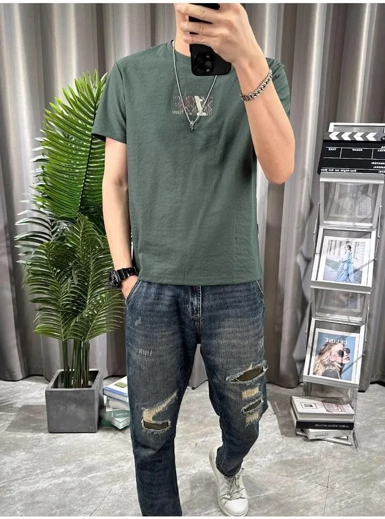 Men's Cotton-Linen Blend Fabric Crew Neck Solid Color Artistic Print T-Shirt Urban Summer Wardrobe Essential Short Sleeve Tee
