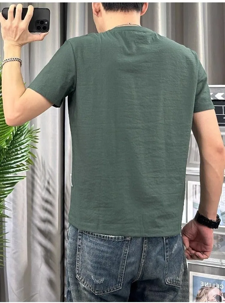 Men's Cotton-Linen Blend Fabric Crew Neck Solid Color Artistic Print T-Shirt Urban Summer Wardrobe Essential Short Sleeve Tee