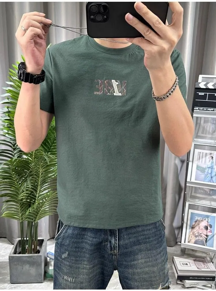 Men's Cotton-Linen Blend Fabric Crew Neck Solid Color Artistic Print T-Shirt Urban Summer Wardrobe Essential Short Sleeve Tee