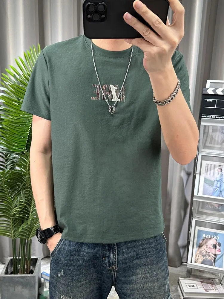 Men's Cotton-Linen Blend Fabric Crew Neck Solid Color Artistic Print T-Shirt Urban Summer Wardrobe Essential Short Sleeve Tee