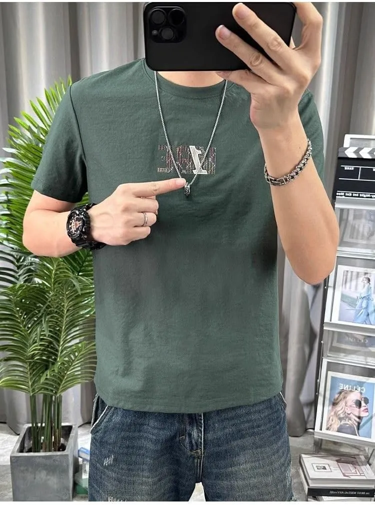 Men's Cotton-Linen Blend Fabric Crew Neck Solid Color Artistic Print T-Shirt Urban Summer Wardrobe Essential Short Sleeve Tee