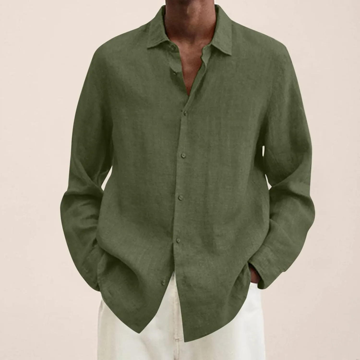 Men's Cotton Linen Shirt Long Sleeve Button Down Solid Color Shirts Lightweight Breathable Spring and Summer T Shirt
