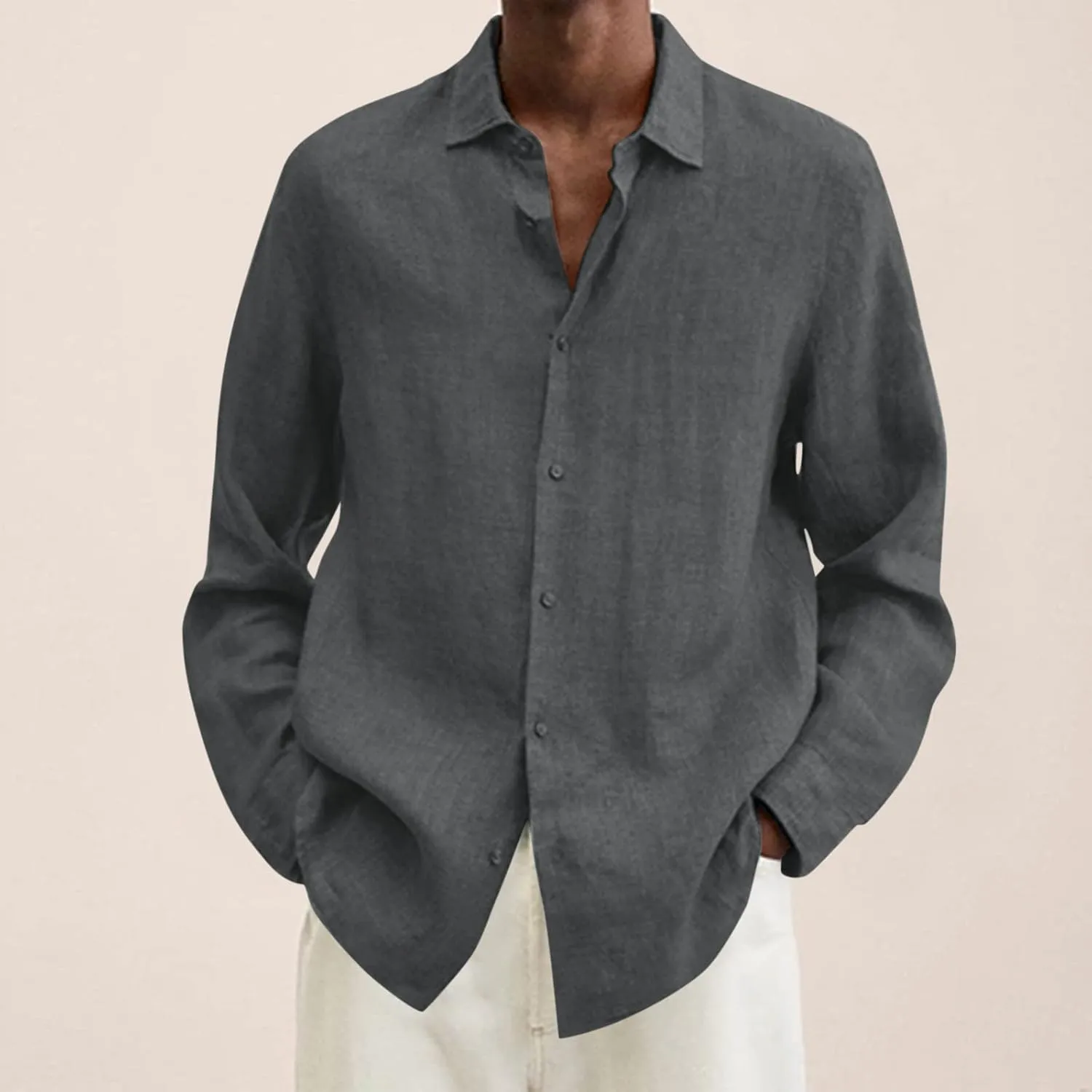 Men's Cotton Linen Shirt Long Sleeve Button Down Solid Color Shirts Lightweight Breathable Spring and Summer T Shirt