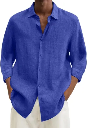 Men's Cotton Linen Shirt Long Sleeve Button Down Solid Color Shirts Lightweight Breathable Spring and Summer T Shirt