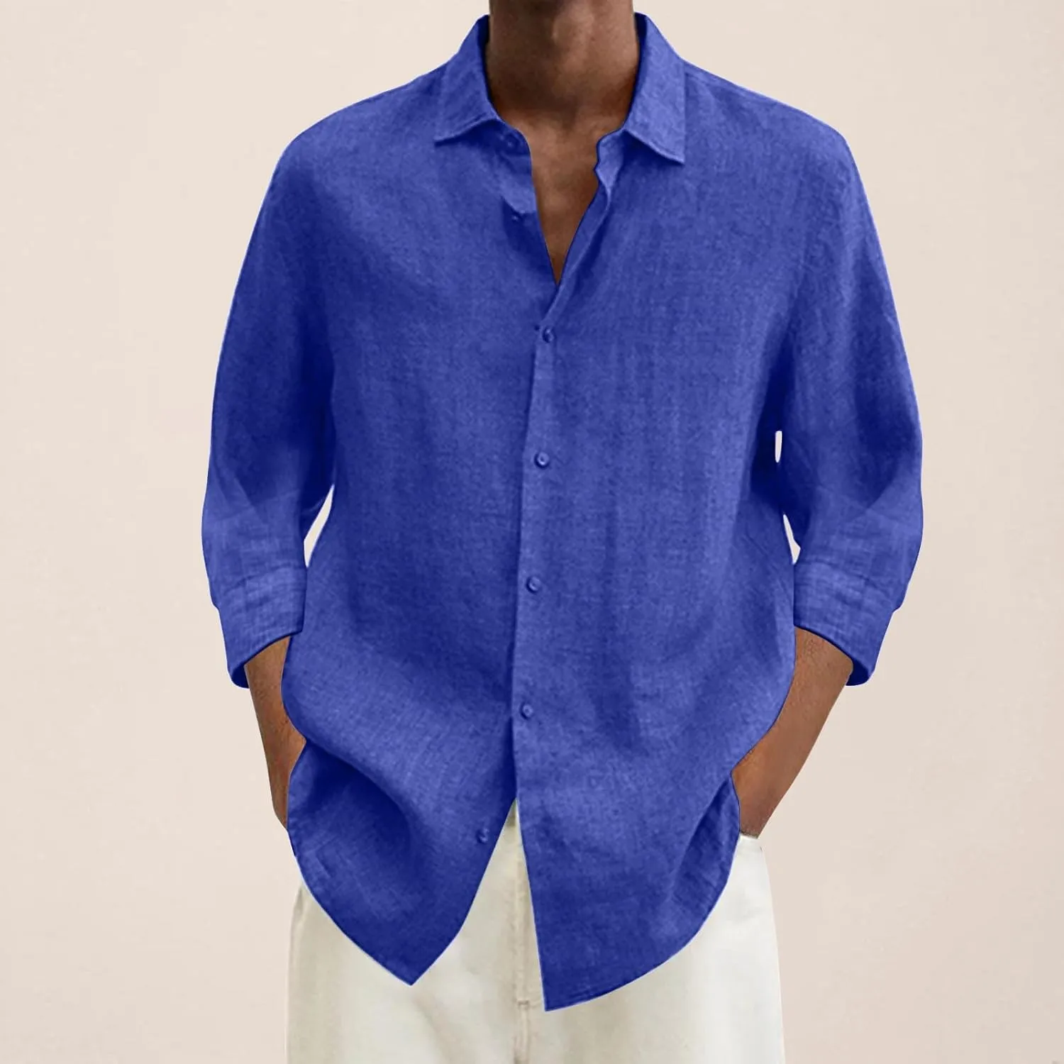 Men's Cotton Linen Shirt Long Sleeve Button Down Solid Color Shirts Lightweight Breathable Spring and Summer T Shirt