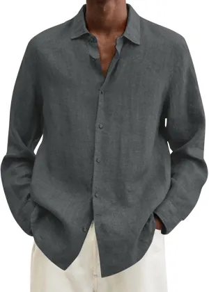 Men's Cotton Linen Shirt Long Sleeve Button Down Solid Color Shirts Lightweight Breathable Spring and Summer T Shirt