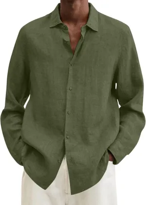 Men's Cotton Linen Shirt Long Sleeve Button Down Solid Color Shirts Lightweight Breathable Spring and Summer T Shirt