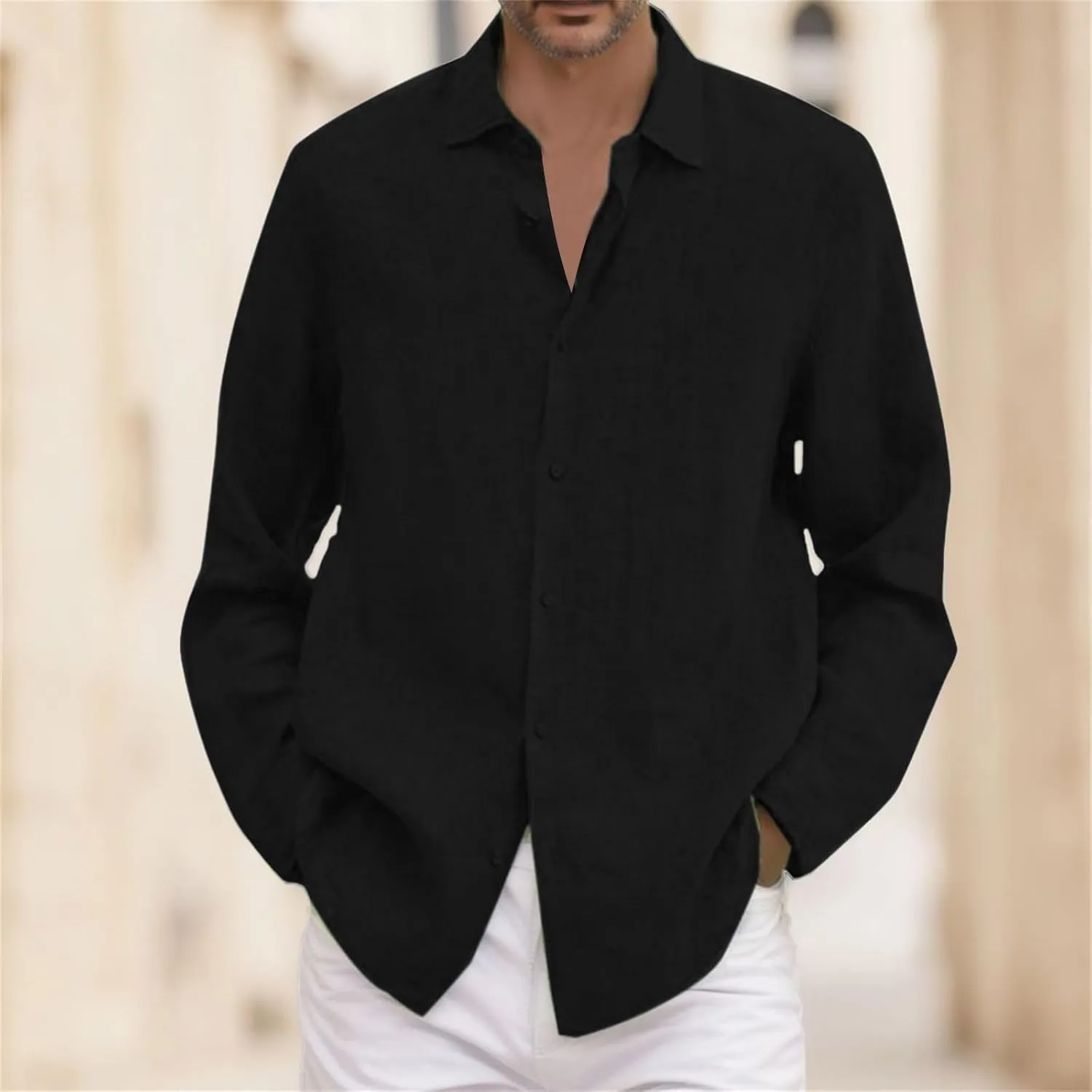Mens Cotton Linen Shirts Long Sleeve Casual Shirt Summer Buttons Down Solid Plain Roll Up Sleeve Summer Beach