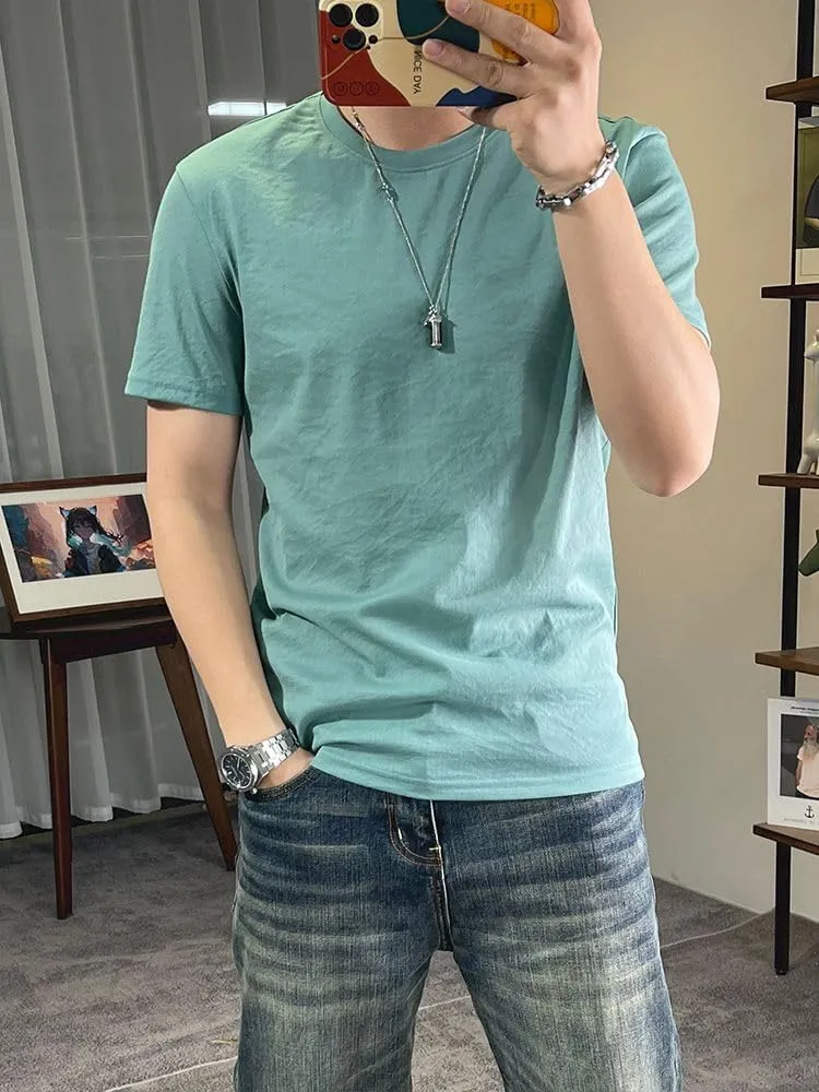 Men's Cotton Linen Solid Color Round Neck Short Sleeve T-Shirt for Work Casual Settings and Weekend Relaxed Tops Collection