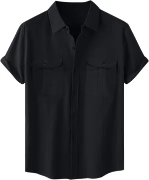 Men's Cotton Linen Tops Summer Solid Short Sleeve Button Down Blouse Casual Fashion Lightweight Shirt with Pockets