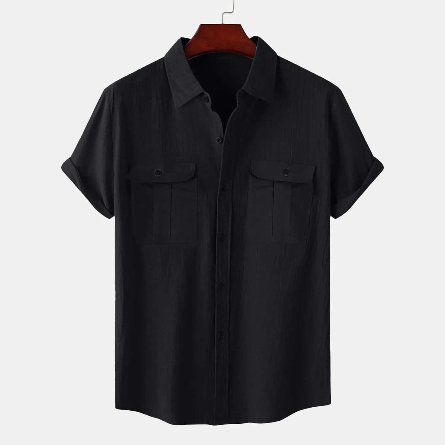 Men's Cotton Linen Tops Summer Solid Short Sleeve Button Down Blouse Casual Fashion Lightweight Shirt with Pockets