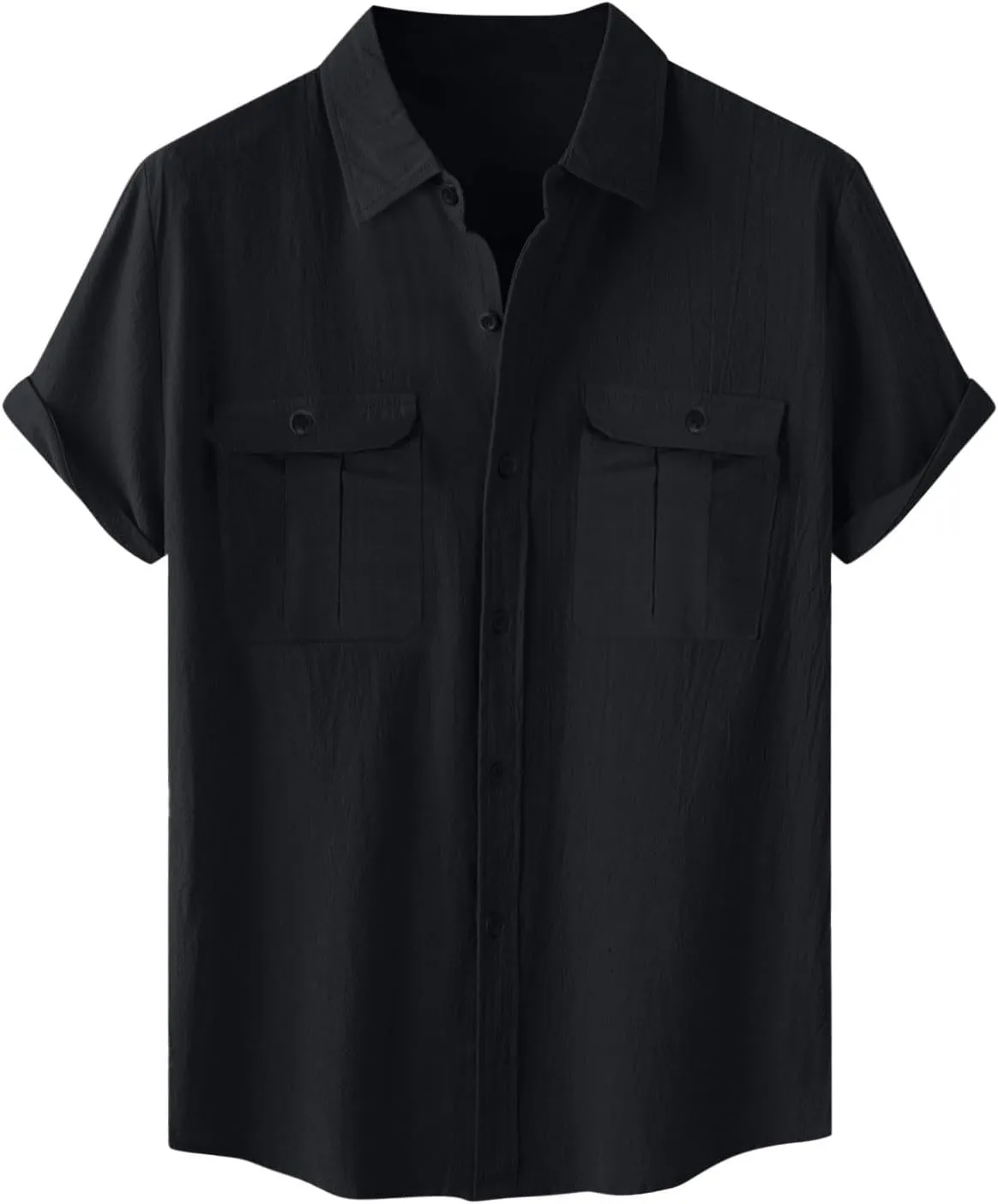 Men's Cotton Linen Tops Summer Solid Short Sleeve Button Down Blouse Casual Fashion Lightweight Shirt with Pockets