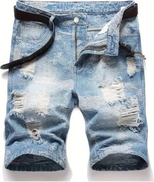 Men's Denim Shorts with 5 Point Torn Buttons Casual Classic Version Summer Fashion Washed and Vintage Style
