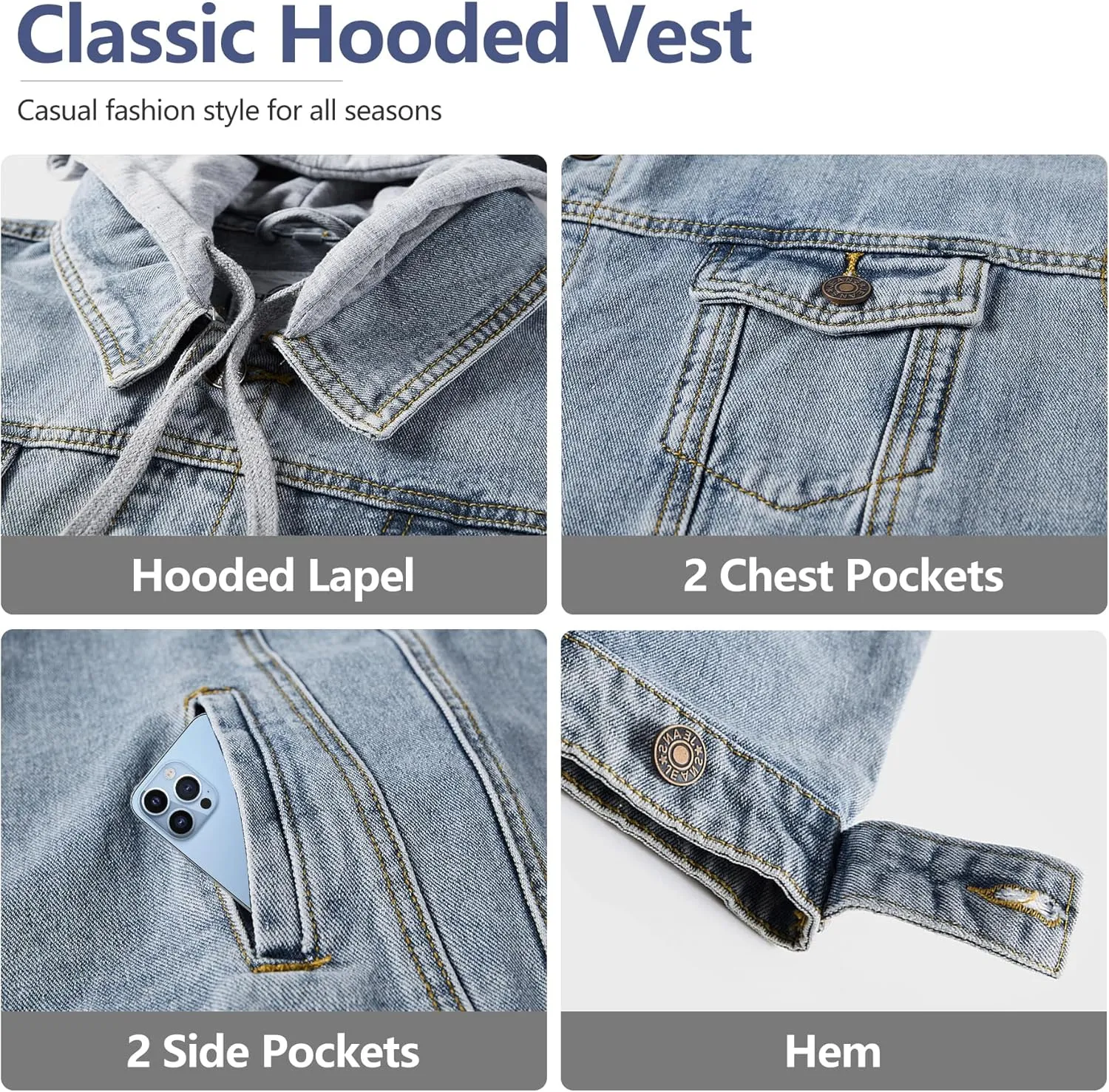 Men's Denim Vest Casual Button Stretchy Distressed Jean Sleeveless Jacket with Hood