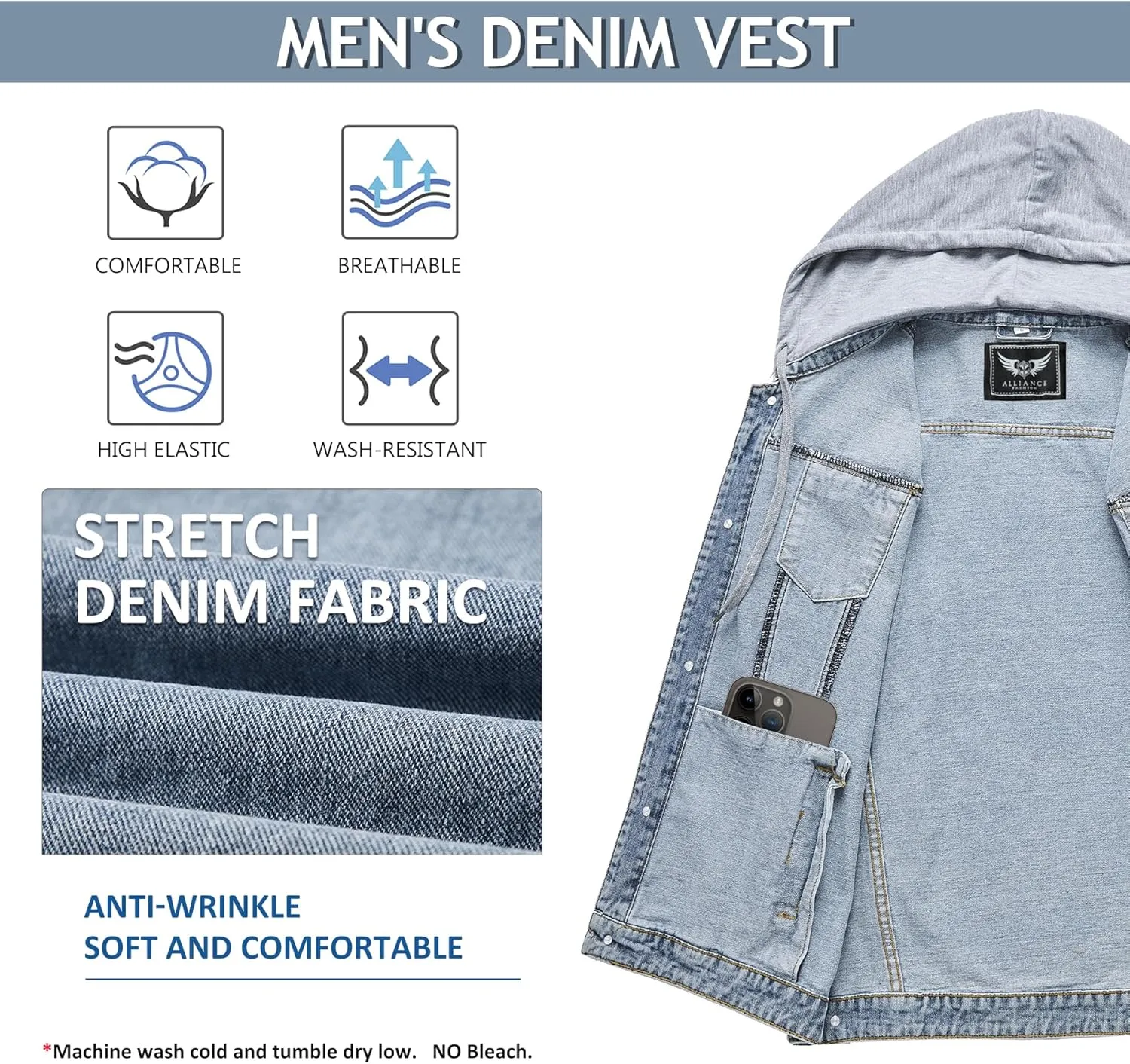 Men's Denim Vest Casual Button Stretchy Distressed Jean Sleeveless Jacket with Hood