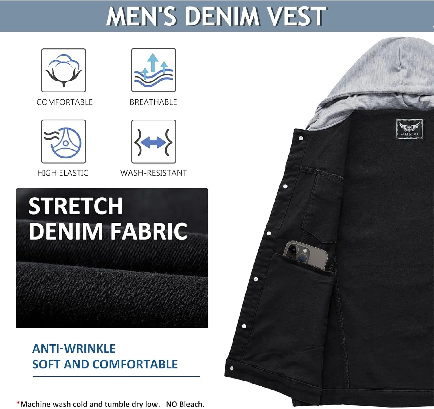 Men's Denim Vest Casual Button Stretchy Distressed Jean Sleeveless Jacket with Hood