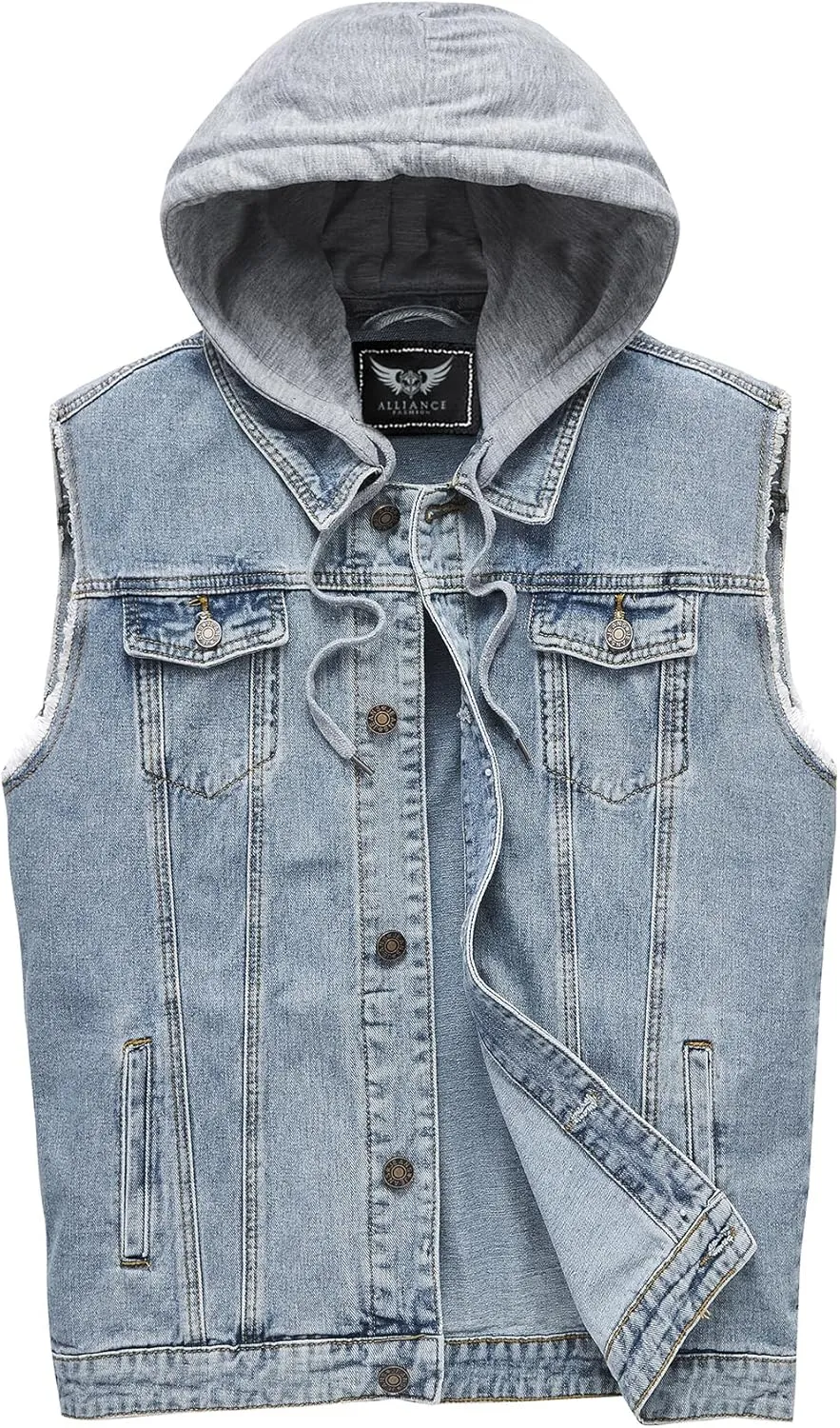Men's Denim Vest Casual Button Stretchy Distressed Jean Sleeveless Jacket with Hood
